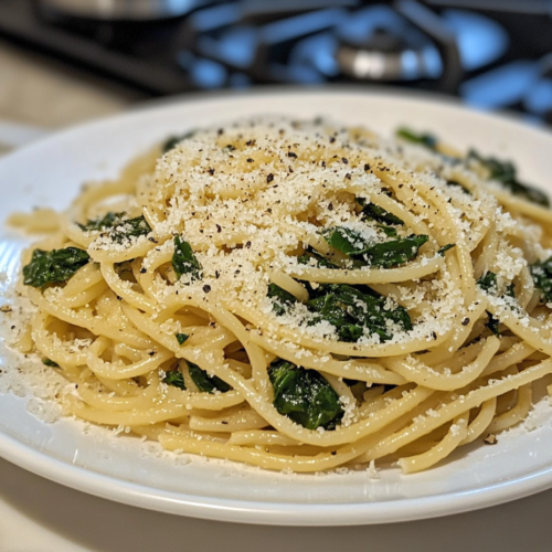 Close-up shot of the skillet on the white marble cooktop, with a sprinkle of vegan parmesan cheese on top of the pasta and spinach mixture, ready to serve