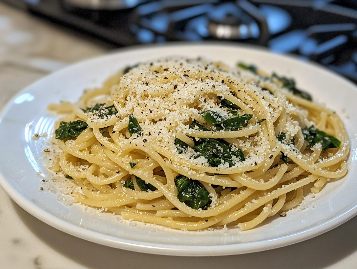 Close-up shot of the skillet on the white marble cooktop, with a sprinkle of vegan parmesan cheese on top of the pasta and spinach mixture, ready to serve