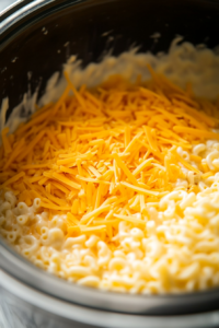 Close-up shot of grated sharp cheddar cheese and sliced American cheese being stirred into the slow cooker filled with elbow macaroni and milk mixture. The ingredients are evenly distributed on the white marble cooktop