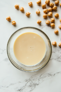 Close-up shot of cream of tartar being sprinkled into the aquafaba in a large glass bowl on the white marble cooktop. The liquid is ready to be whipped into foam