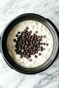 Close-up shot of a slow cooker on a white marble cooktop, filled with milk, semisweet chocolate chips, heavy whipping cream, sweetened condensed milk, and vanilla extract. The ingredients are being poured into the cooker, ready to be mixed