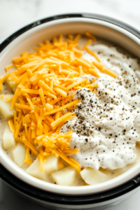 Close-up shot of frozen diced potatoes, sour cream, cream of chicken soup, shredded sharp cheddar cheese, and black pepper being added to the slow cooker on the white marble cooktop. The layers of ingredients are visibly stacked, ready to be mixed.