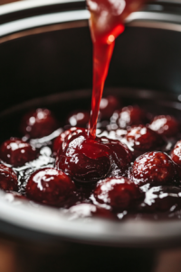 Close-up of BBQ sauce and grape jelly being poured over the frozen meatballs in the slow cooker, creating a glossy mix ready to be stirred.