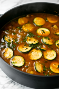 Close-up of zucchini half moons being stirred into the soup in a black pot on a white marble cooktop. The zucchini softens as it absorbs the flavors of the simmering liquid