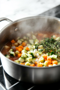 A stainless steel soup pot on the white marble cooktop, with minced garlic, diced zucchini, chopped green beans, thyme leaves, and two-thirds of the chopped parsley being stirred into the softened vegetable base. The vibrant greens and aromatic herbs brighten the mixture as steam rises.