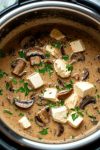 Softened cream cheese cubes being stirred into the hot soup in the Instant Pot until smooth and melted