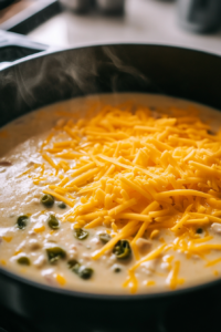 Softened cream cheese, mild green chiles, and shredded cheddar cheese being whisked into the simmering soup in the Dutch oven, creating a creamy and smooth mixture