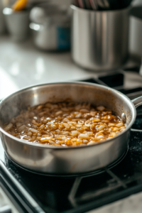 Minced garlic being added to the golden brown onions in the saucepan on the white marble cooktop. The garlic sizzles as it hits the pan, releasing its aroma
