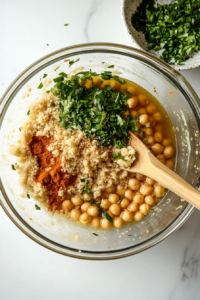 A large mixing bowl with mashed chickpeas, olive oil, vegetable broth, soy sauce, vital wheat gluten, panko bread crumbs, and seasonings being stirred together. The mixture is becoming sticky and firm as it’s kneaded for about 2 minutes.