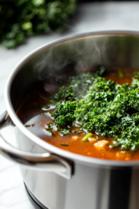 A stainless steel soup pot on the white marble cooktop, with freshly chopped kale being added to the hot soup. The deep green leaves begin to soften in the steaming broth, releasing a vibrant pop of color.