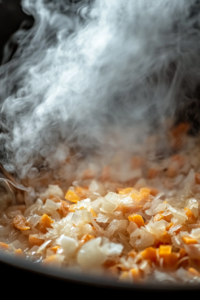 Close-up shot of minced garlic and diced carrots being added to the pot with sautéed onions. The ingredients mix together in the pan, with a faint steam rising above the contents