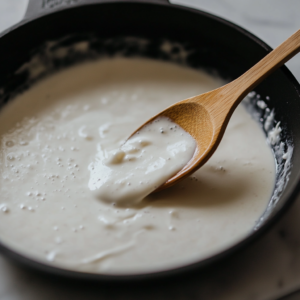 Heavy whipping cream bubbling in a black skillet on a white marble cooktop, being stirred gently with a wooden spoon over medium heat.
