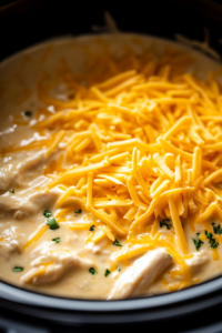 A close-up shot of shredded cheddar cheese being sprinkled into the slow cooker on the white marble cooktop, where the creamy chicken mixture is being stirred. The cheese begins to melt into the creamy sauce