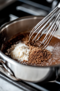 Close-up shot of a saucepan on a white marble cooktop, with granulated sugar and cornstarch being added to the unsweetened soy milk. A whisk stirs the mixture, aiming to remove any lumps