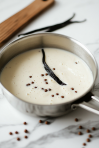Close-up shot of vanilla seeds being added to the saucepan containing the soy milk mixture. The vanilla pod sits next to the saucepan on the white marble cooktop, ready to be discarded.