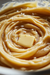 Close-up shot of vegan butter and a pinch of sea salt being added to the thickened mixture in the saucepan. The melted butter swirls into the mixture, dissolving smoothly, as the saucepan sits on the white marble cooktop.