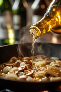 Close-up shot of white wine and vegetable broth being poured into the skillet with the flour-coated mushrooms, onions, and garlic, simmering as the sauce begins to thicken.