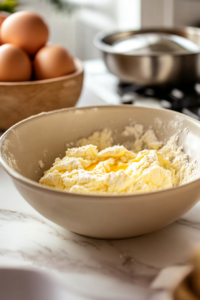 Beaten eggs being added to a large mixing bowl with butter and dry ingredients, forming a stiff, lumpy dough