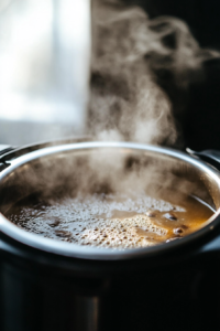 Close-up of the Instant Pot being opened after natural pressure release, revealing a hot and steaming soup mixture inside