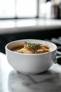 Oven-proof bowl filled with heated soup, topped with a thyme crouton and a slice of Swiss or Gruyere cheese. The bowls are placed under the broiler until the cheese melts and turns golden brown