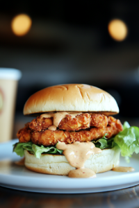 "A delicious, fully assembled chickpea ‘chicken’ sandwich on a plate with crisp romaine lettuce and extra dressing oozing from the edges, ready to be served and enjoyed.
