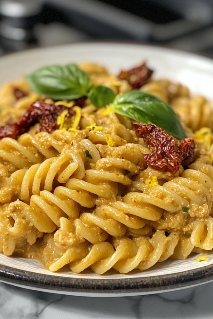A beautifully plated pasta dish with roasted tomato hummus sauce, sun-dried tomatoes, and fresh basil. The pasta is twirled elegantly, and the lemon zest adds a pop of color
