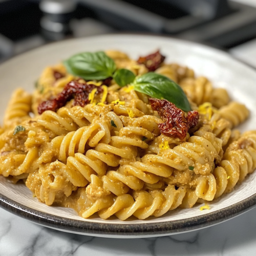 A beautifully plated pasta dish with roasted tomato hummus sauce, sun-dried tomatoes, and fresh basil. The pasta is twirled elegantly, and the lemon zest adds a pop of color