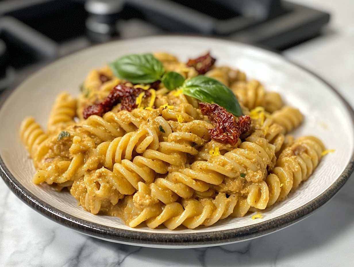 A beautifully plated pasta dish with roasted tomato hummus sauce, sun-dried tomatoes, and fresh basil. The pasta is twirled elegantly, and the lemon zest adds a pop of color