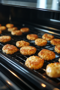 Chickpea patties placed on a non-stick sprayed baking sheet, each lightly sprayed with non-stick spray. The oven is preheated to 400°F, with the patties baking for 30 minutes, half-flipped to ensure crispiness on both sides.