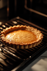 A tart crust baking in the oven at 350°F (175°C), with a timer counting down the 12 minutes. The edges are lightly browned and crisp.