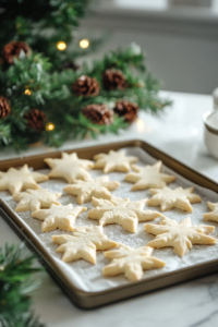 Shortcrust decorations being brushed with plant milk and sugar on a baking tray, then placed in the oven. The decorations bake to a golden perfection