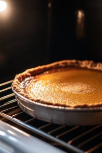 The pumpkin pie in the oven, baking at 350°F (180°C). The edges of the pie are just beginning to set, while the center remains slightly wobbly