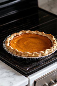 The sweet potato pie baking in the oven at 350°F (175°C). The crust is golden, and a piece of aluminum foil shields the edges to prevent over-browning