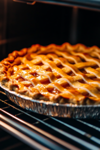 Close-up shot of the pie placed on a cookie sheet, inside the oven with golden lattice crust beginning to bake at 375°F. The filling bubbles slightly at the edges.