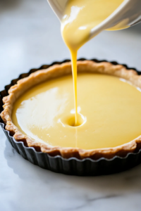 The creamy custard being poured into the pre-baked tart crust. The tart is in the oven, baking until the edges are set and the center is wobbly.