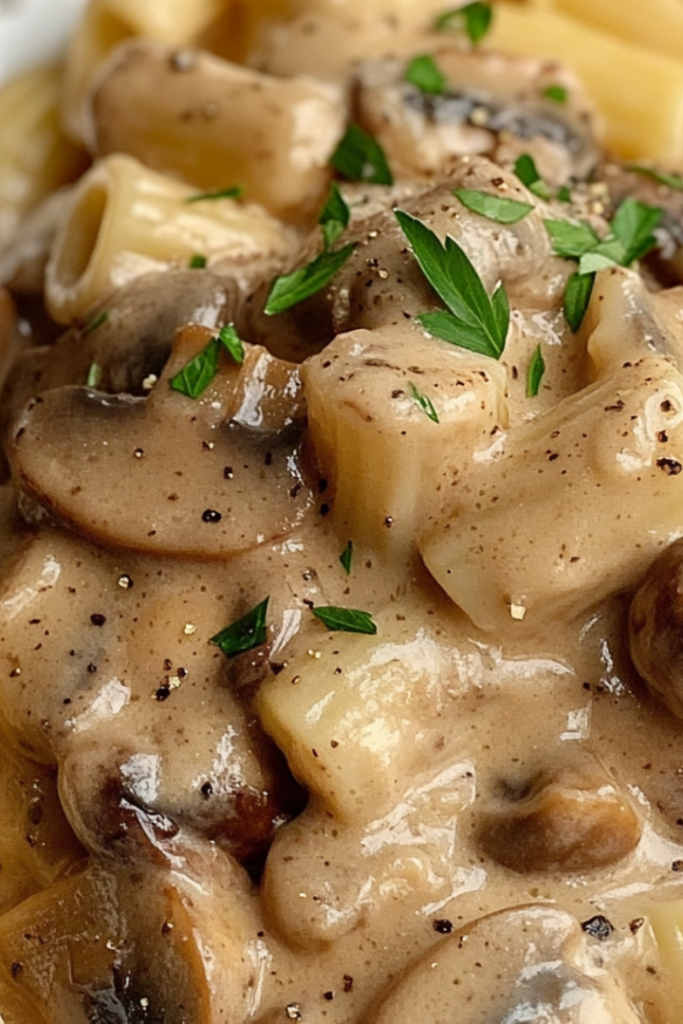 Close-up shot of cooked pasta being served in the creamy mushroom sauce in the skillet, with a sprinkle of fresh parsley on top, ready to serve