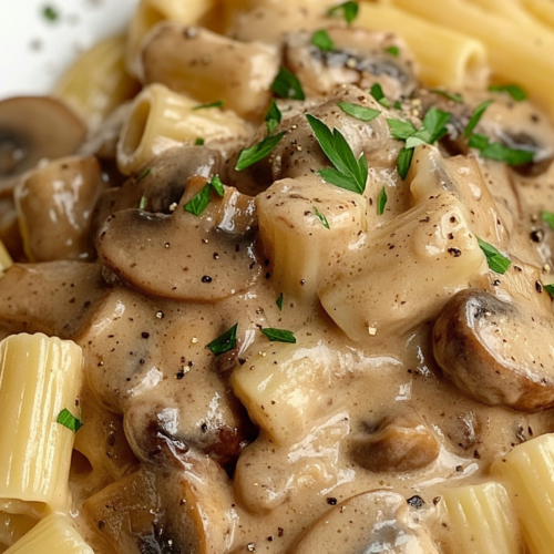 Close-up shot of cooked pasta being served in the creamy mushroom sauce in the skillet, with a sprinkle of fresh parsley on top, ready to serve