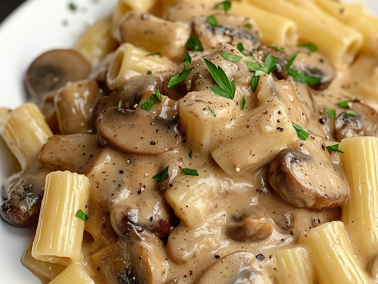 Close-up shot of cooked pasta being served in the creamy mushroom sauce in the skillet, with a sprinkle of fresh parsley on top, ready to serve