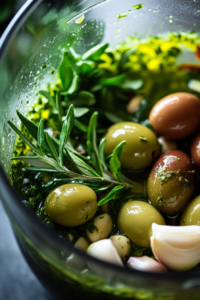 Action shot of the food processor blending olives, herbs, garlic, and olive oil into a smooth, vibrant green pesto-like consistency.