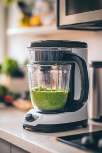 Close-up shot of the blender on the white marble cooktop, blending the ingredients into a creamy and smooth avocado basil sauce.