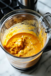 A high-speed blender next to the soup pot on the white marble cooktop, with half the soup being poured carefully into the blender. The smooth, creamy blended soup contrasts with the remaining chunky mixture in the pot.