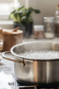 Close-up shot of a large stainless steel pot filled with salted water, bubbling vigorously on the white marble cooktop. Steam rises from the water, with a wooden spoon resting on the counter nearby