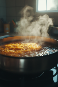 A large pot filled with boiling water on the stove with whole wheat spaghetti being gently dropped into the water. Steam rises from the pot, indicating it's ready for cooking.