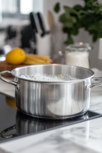 Close-up shot of a large stainless steel pot on the white marble cooktop, with salted water bubbling as it boils, ready for pasta