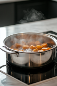 A pot of boiling water with sweet potato chunks cooking until fork-tender, around 12-15 minutes. A slotted spoon is used to lift a piece to check doneness.