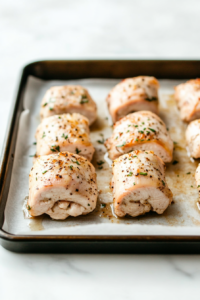 Close-up of a stuffed chicken roll being dipped into the beaten egg in one bowl, then coated in the breading mix in the second bowl, all on the white marble cooktop. The roll is evenly breaded, ready for frying.