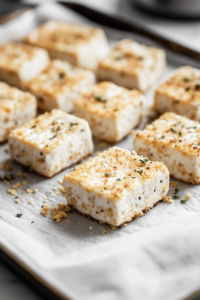 Close-up of tofu pieces fully breaded, resting on the parchment-lined tray. The golden breading is textured with visible herbs and spices. Flour and breadcrumbs are scattered lightly on the tray.