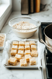 Side-by-side view of the breading station: a bowl with the milk mixture (non-dairy milk and apple cider vinegar), a second bowl with the flour blend and spices, and a tray lined with parchment paper for the breaded tofu pieces. A pair of tongs rests beside the bowls.