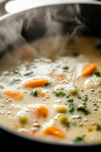Close-up shot of the creamy vegetable mixture gently boiling in the pot. Bubbles form along the edges, and steam rises from the surface as the ingredients thicken