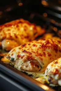 Close-up shot of the finished chicken parmesan on a plate, served hot. The golden-brown cheese is perfectly melted over the tomato sauce, with fresh basil garnish on top. The plate rests on the white marble cooktop